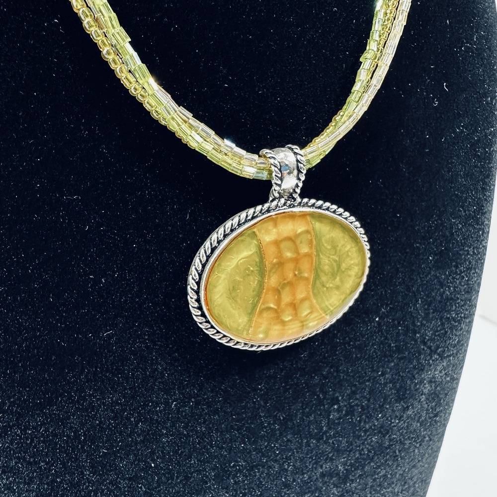 KC Signed Multi Strand Beaded Necklace Green Gold Resin Pendant Boho 18" Unique - Picture 4 of 11